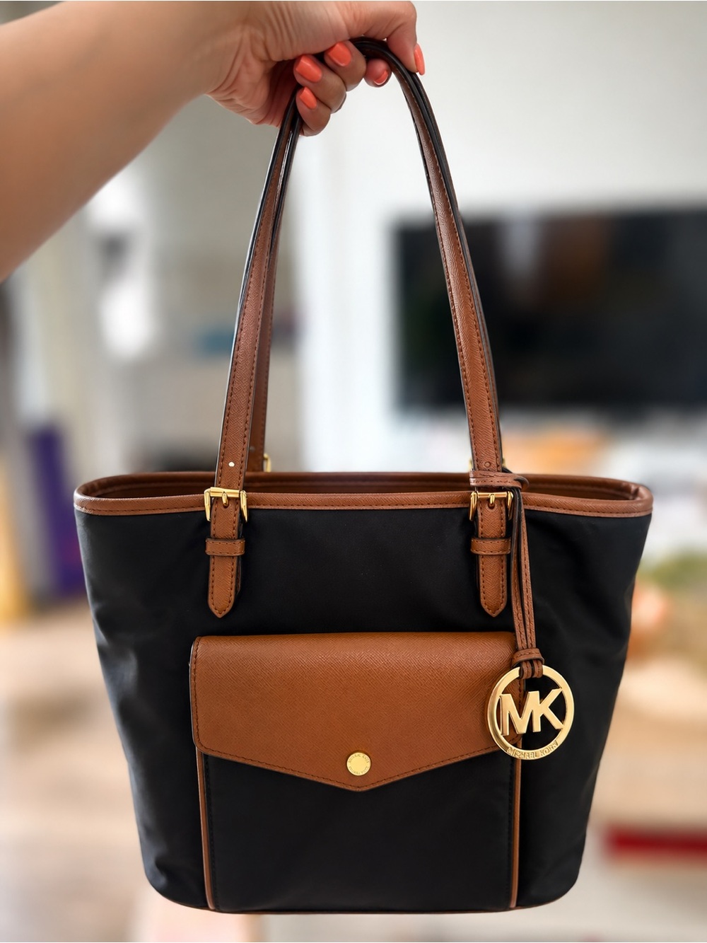Michael Kors Black and Brown Top-Handle Tote with Gold MK Charm